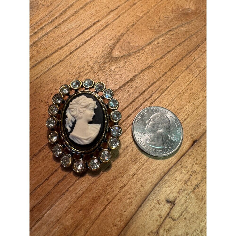Vintage Rhinestone Cameo Brooch Black White Portrait Pin
